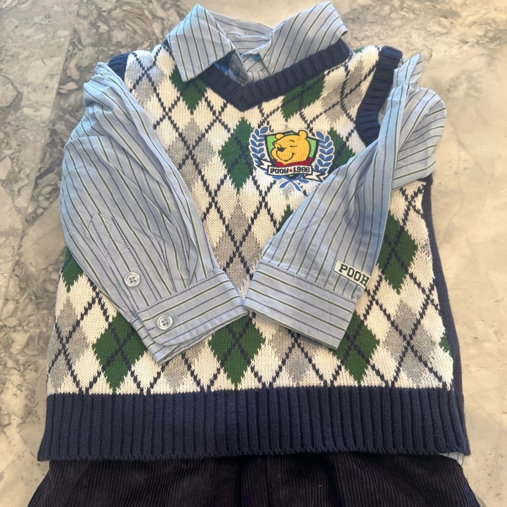Disney Blue and Green Argyle Sweater Vest with Striped Shirt